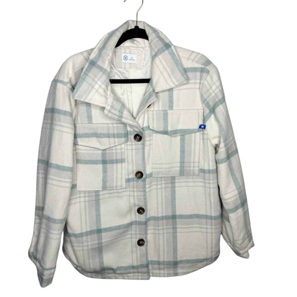 HURLEY / white blue plaid flannel quilt lined shacket jacket / XL